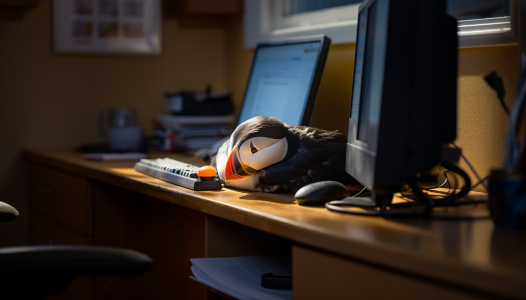 midjourney generated picture an exhausted puffin sitting behind an office desk with a computer --ar 7:4 --style raw