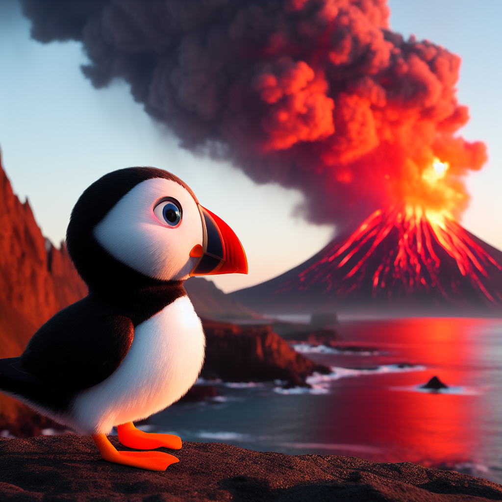 A Disney-pixar style puffin looking at a volcano eruption in Iceland