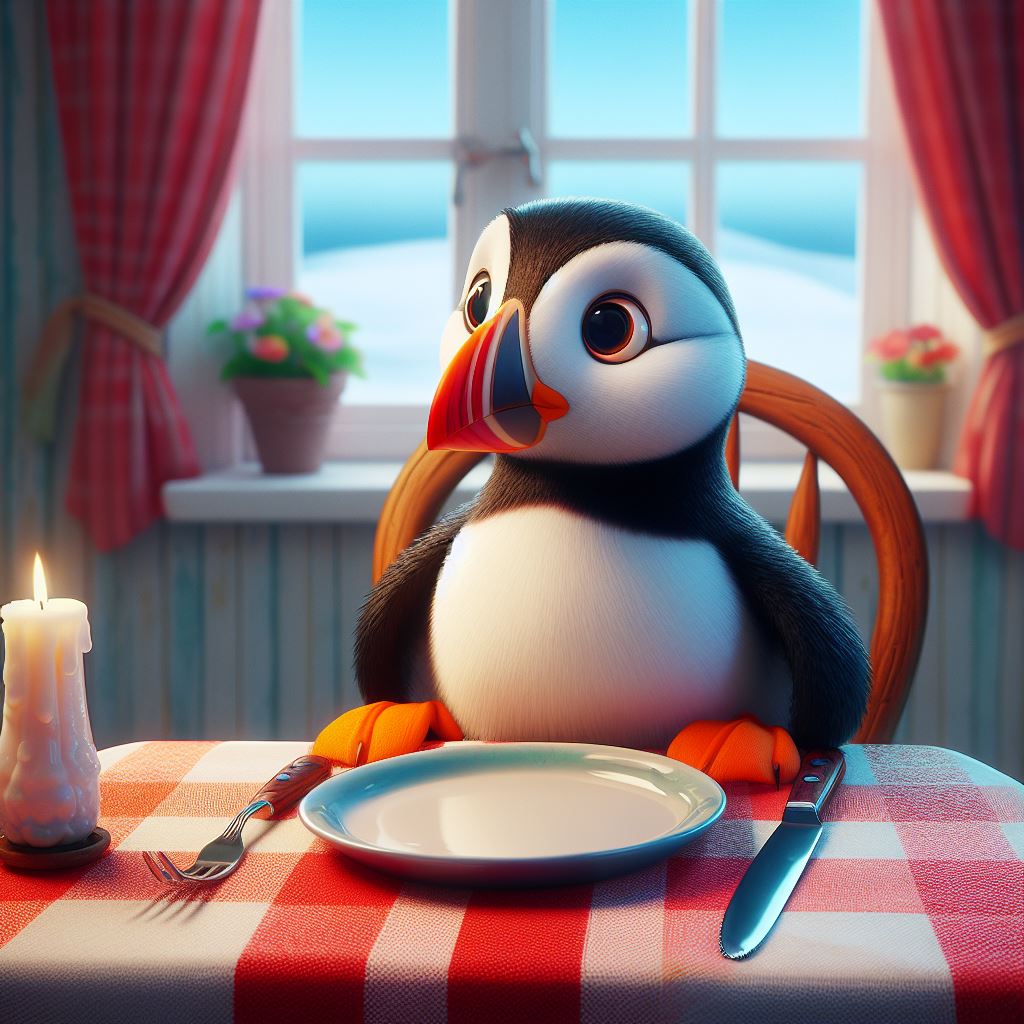 A puffin sitting at the dinner table with knife and fork, waiting eagerly for the food to be served. The puffin has big expressive eyes and a colorful beak. The table is covered with a red and white checkered tablecloth and has a vase of flowers in the center. The background is a cozy kitchen with a window that shows a snowy landscape. The style is Disney pixar, with bright colors and smooth shapes.