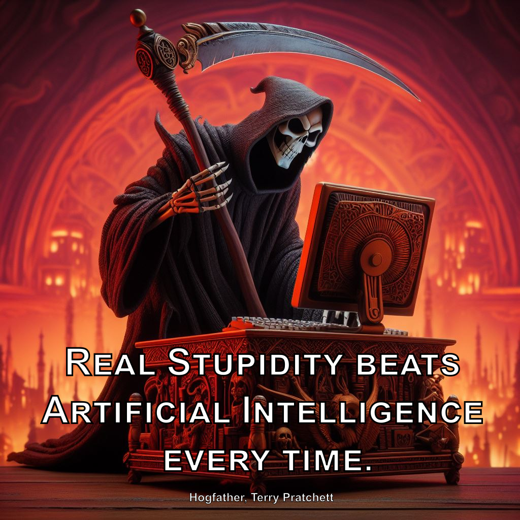 Death with his scythe looking at a computer screen, memetext real stupidity beats artificial intelligence every time. Hogfather, Terry Prachett