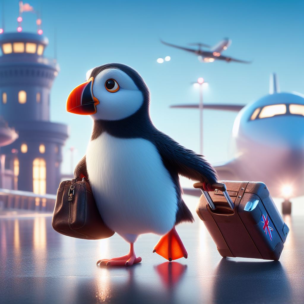 A puffin with luggage on its way to an airplane, Disney Pixar style