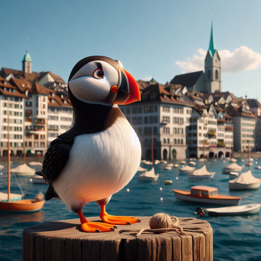 A puffin sitting on a pollard in the river Limmat with an artificially generated town in the background looking almost like Zurich