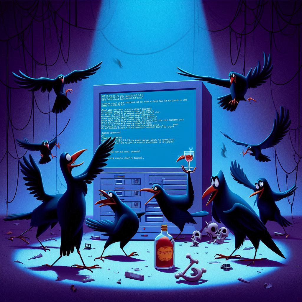 A drunk murder of crows dancing around a broken webserver showing a Microsoft bluescreen of death, dark Disney Pixar style, generated with Microsoft Copilot / Dall-E 3