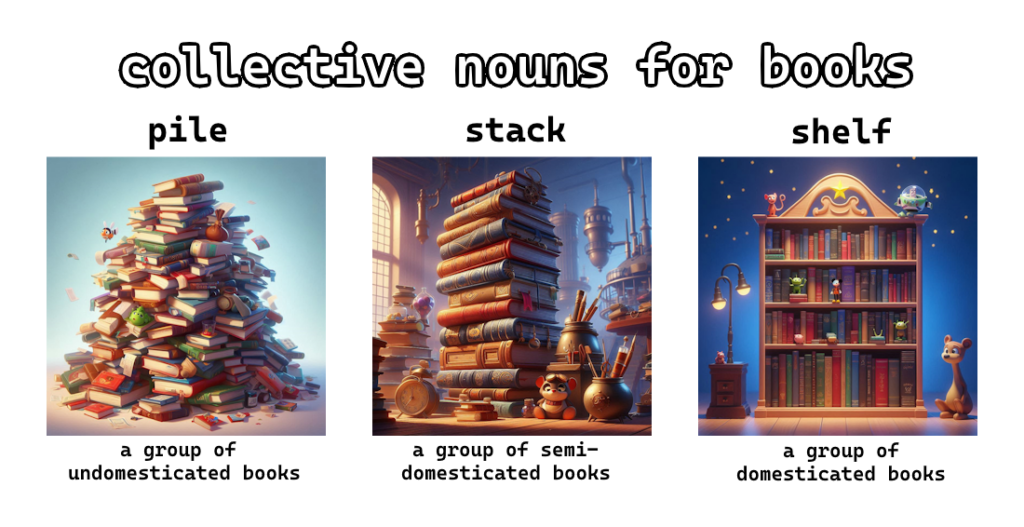 meme with the title "collective nouns for books", showing next to each other from left to right three AI genereated pictures of books in Disney Pixar style. Leftmost picture a pile of books, described as a group of undomesticted books, in the middle a stack of books, described as a group of semi-domesticated books, and on the right a shelf with books, described as a group of domesticated books