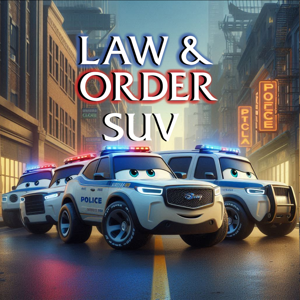 AI generated Movie poster for a Disney Pixar-style film featuring a team of humanized sports utility vehicles working as a police force, with the title Law & Order SUV