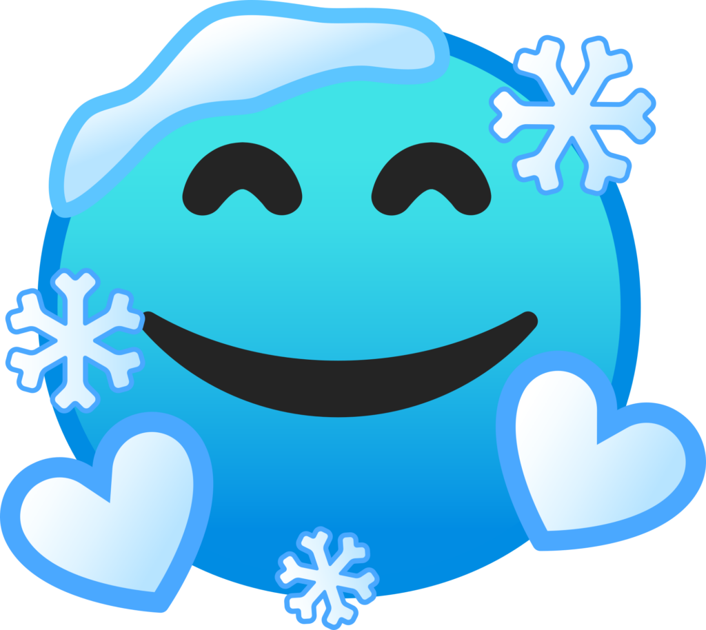 A blue gradient emoji with smiling mouth and smiling eyes, snow cover on the right side of its head, three snowflakes and two hearts