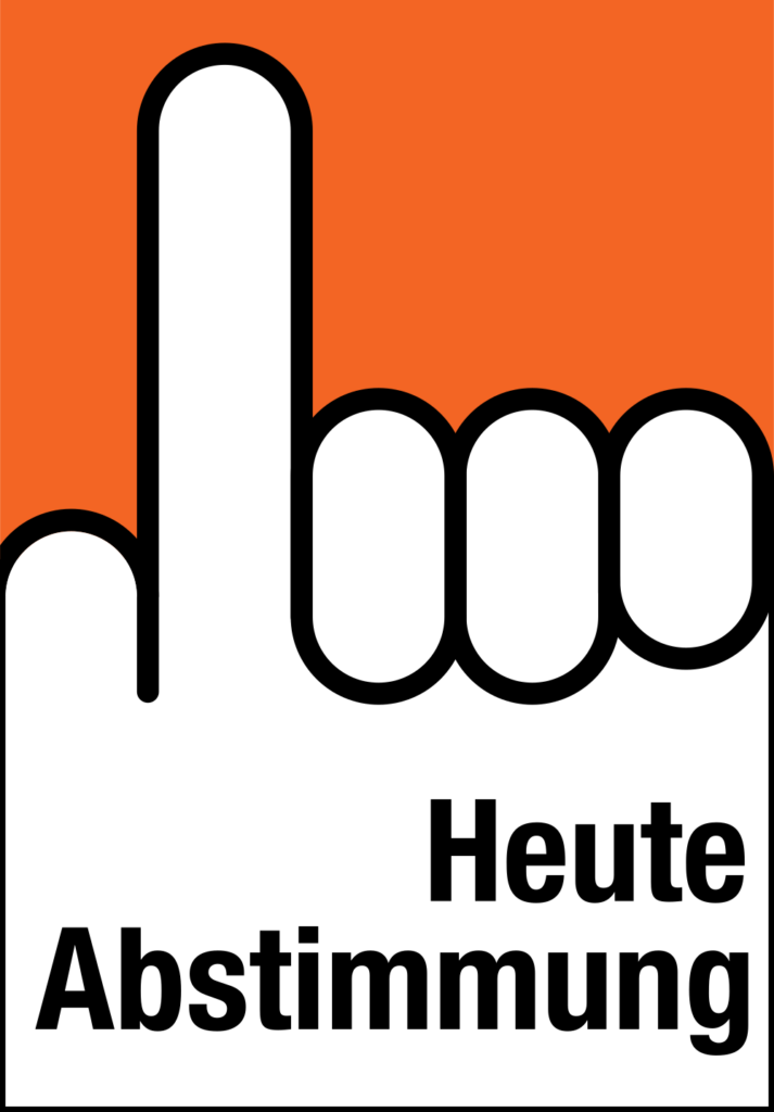 eine stylisierte linke weisse Hand von der lediglich der Zeigefinger augestreckt ist vor orangem Hintergrund, Text darunter "Heute Abstimmung"