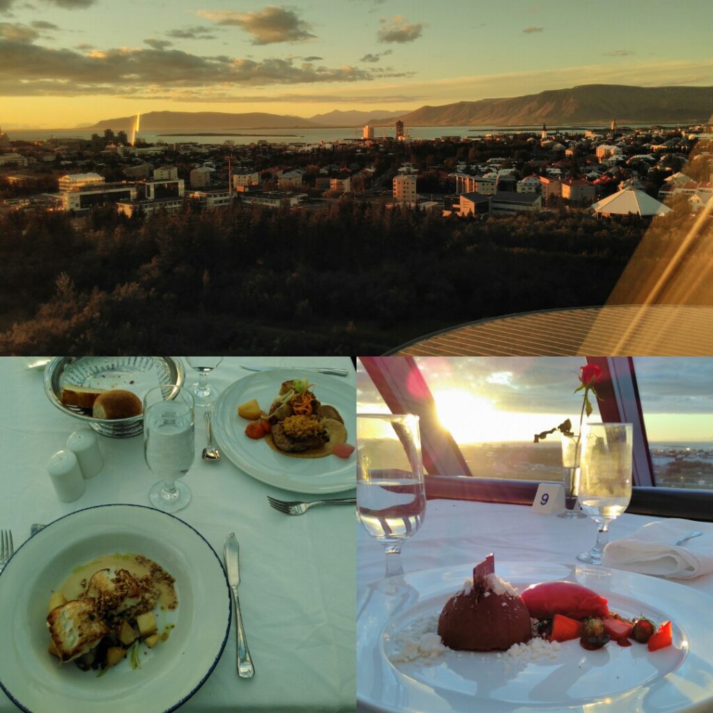 Composit-Foto aus einem Panorama-Bild vom Perlan aus über Reykjavík Richtung Norden, mit Esja im Hintergrund, den Tellern im Edelrestaurant mit Lamm und Fisch und den Tellern mit einem Schoko-Trüffel-Dessert