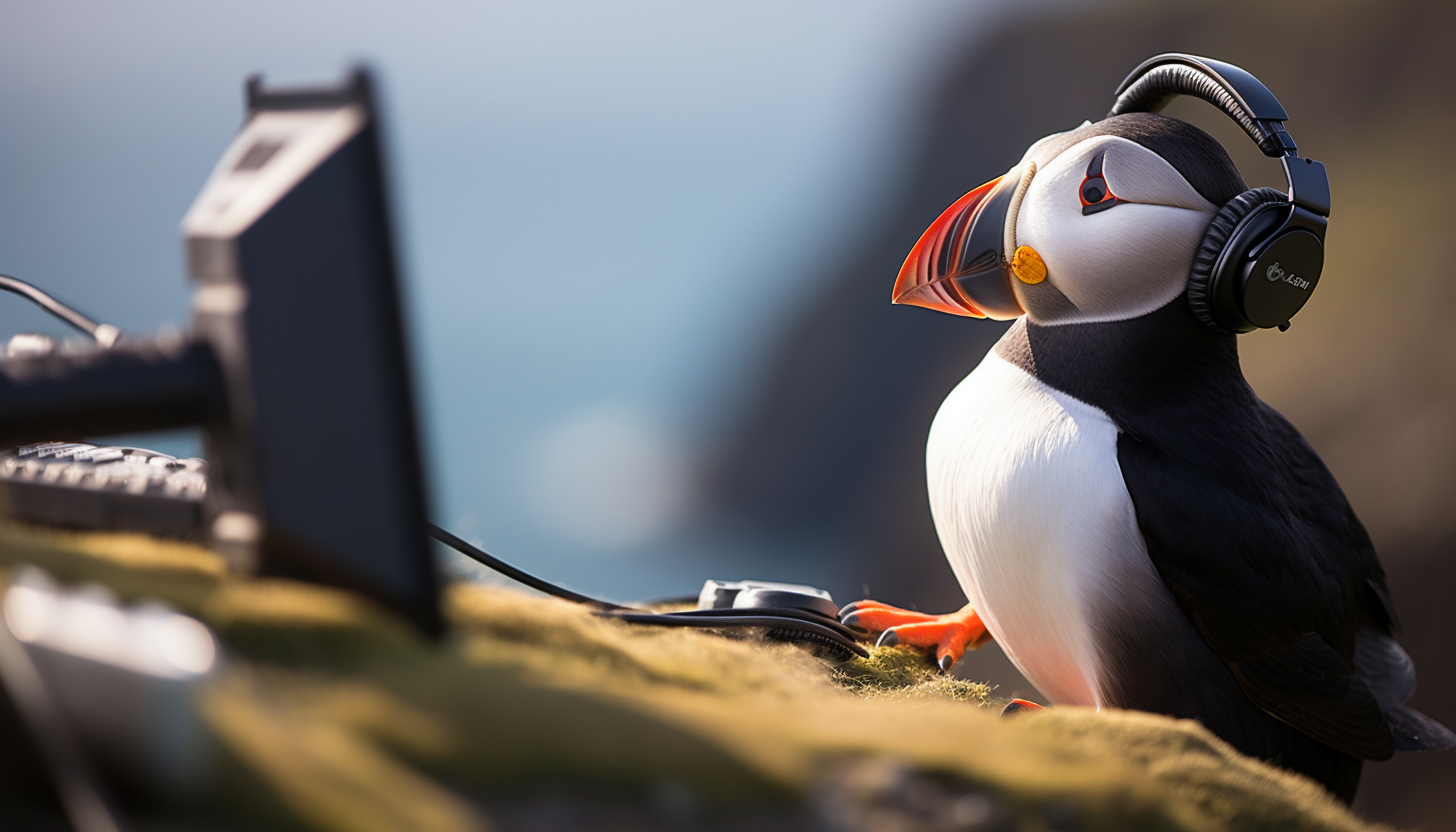 a midjourney generated picture of a puffin wearing a headset sitting in front of a computer screen