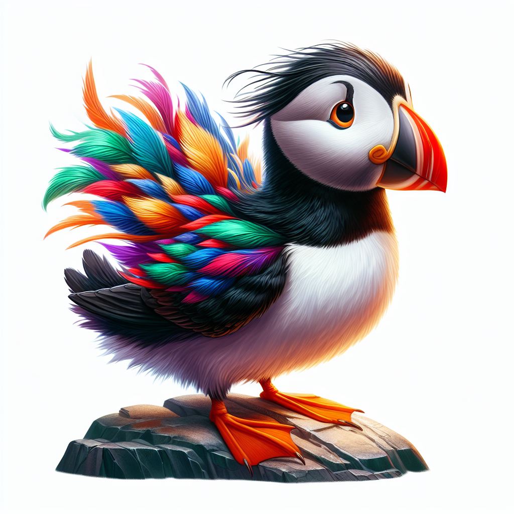 a charming Disney-Pixar styled Icelandic puffin with vibrant feathers
