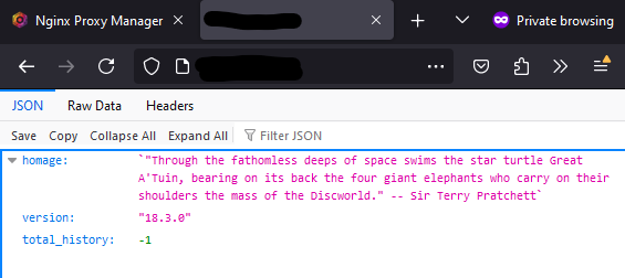 JSON response homage `"Through the fathomless deeps of space swims the star turtle Great A'Tuin, bearing on its back the four giant elephants who carry on their shoulders the mass of the Discworld." -- Sir Terry Pratchett`